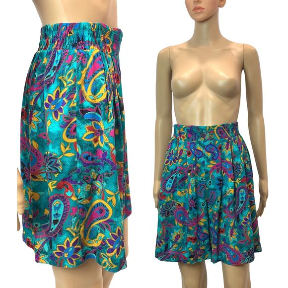80s 90s High Waist Flowy Rayon Shorts Wide Leg Teal & Multicolor Floral Petite - Picture 1 of 10